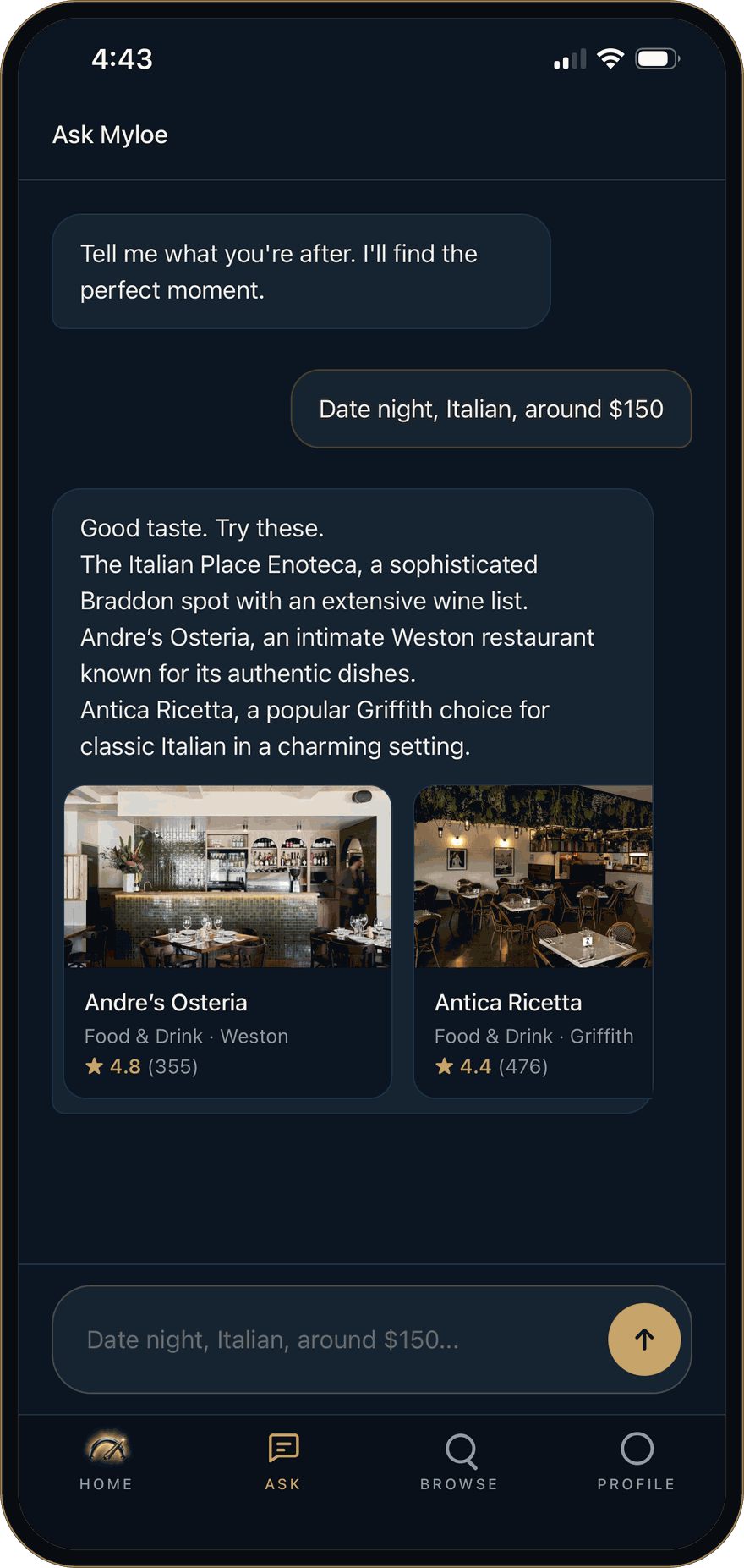 The Myloe app answering a request for a date-night Italian restaurant with venue cards
